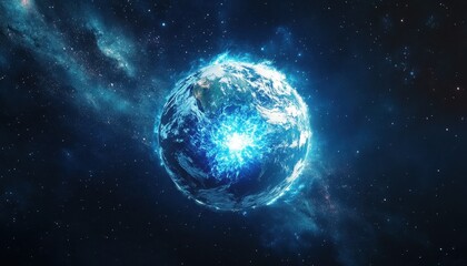 Glowing Blue Digital Earth in Dark Space
