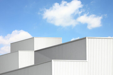 silver corrugated metal box square shape perspective view. geometric design corrugated texture line pattern abstract background against blue sky white cloud