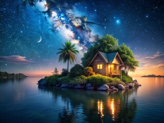Fototapeta premium Charming Island Cottage Night Photography: Serene Waters & Lush Nature