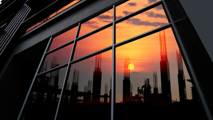 group of construction worker worked late . the construction frame  picture reflection on glass of the square window building exterior design geometric shape