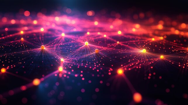 A scatter plot chart with glowing orbs and neon connecting lines on a sleek black surface