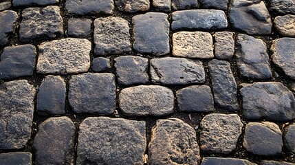 A detailed close-up texture photograph reveals a weathered cobblestone street pavement made of dark grey and tan stones.