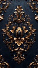 Luxurious Gold and Bronze Floral Pattern on Deep Blue Background