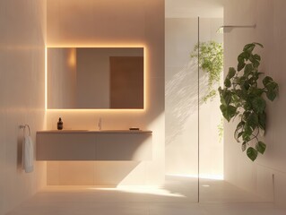 Modern Minimalist Bathroom Interior Design with Warm Lighting and Natural Plants