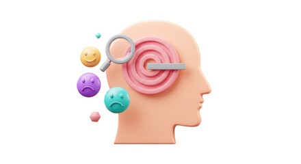 Isolated Mental Health Focus with Head, Emotions and Magnifying Glass