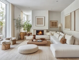 Modern Minimalist Living Room Interior Design with Beige and White Furnishings