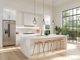 Fototapeta premium Modern Minimalist White Kitchen with Large Window and Island