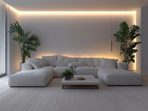 Modern Minimalist White Living Room Interior with Sectional Sofa and Indirect Lighting