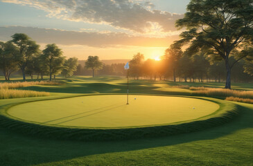 Golf course. Green field, trees backdrop. Nature, sport, leisure. Relaxing landscape, outdoor activity.