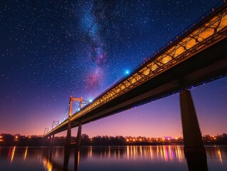 Fototapeta premium Night City Bridge Under Milky Way Starry Sky