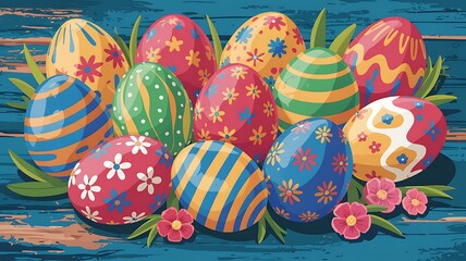 Vibrant Hand-Painted Easter Eggs with Unique Artistic Patterns Colorful Designs Arranged on Rustic Blue Wooden Surface with Festive Spring Elements for a Cheerful and Joyful Easter Holiday Celebration