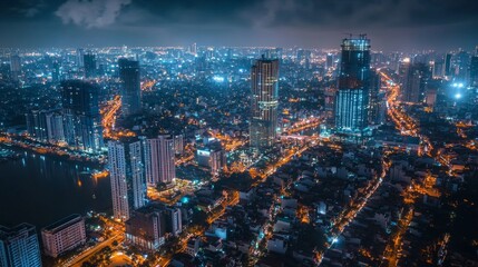 Fototapeta premium Nighttime cityscape exploration urban environment aerial view vibrant lights modern architecture