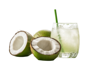 Refreshing coconut drink beside fresh coconuts on a tropical backdrop under soft light isolated on transparent background