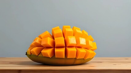 A ripe mango, partially sliced to reveal its vibrant orange flesh, rests on a wooden surface against a plain, light gray background. The mango is cut in a distinctive style, often referred to as the "
