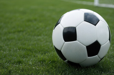 Obraz premium soccer ball resting on vibrant, lush green sports grass, creating a classic and energetic image of the game.