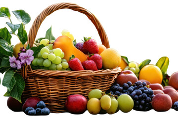 A vibrant basket brimming with fresh fruits and colorful flowers on a sunny day in nature isolated on transparent background