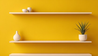 Front view of empty shelf on vivid yellow wall background with modern minimal concept. Display of room shelves for showing. Realistic 3D render.shelf, bookshelf, display, floor, furniture, 45