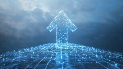 Glowing digital arrow pointing upward on a grid.