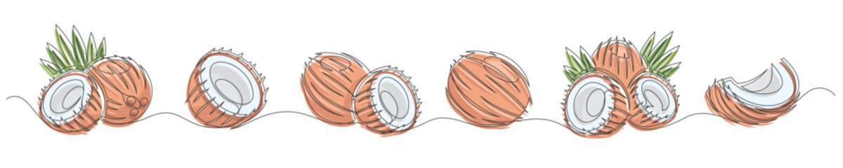 Coconut brown continuous one line drawing set isolated on a white background. Horizontal banner. Outline coconut fruit collections. Editable stroke. Vector illustration