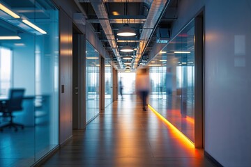 Vibrant Blurred Business Hallway in a Dynamic Workspace with Engaging Atmosphere