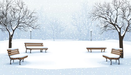 Snowy Winter Park Scene with Benches and Trees