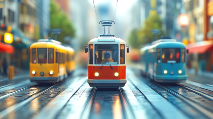 Fototapeta premium Classic vintage trams in bright colors ride through the vibrant city street, evoking nostalgic urban charm and public transportation heritage on a rainy day. Front view with motion blur 