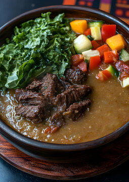 Authentic Madagascan Romazava in Wooden Bowl, A Culinary Delight Depicting the Heart of Madagascan Cuisine through a Warm and Inviting Still Life