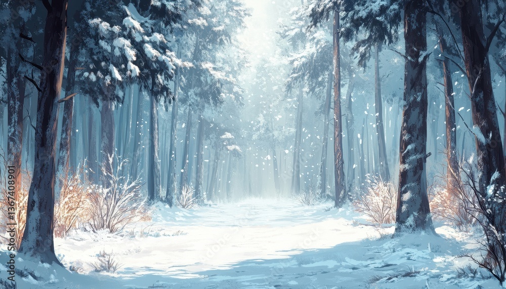 Poster sunlit path through snowy winter forest