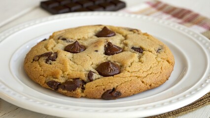 Golden Chocolate Chip: Indulge in the tempting beauty of a perfectly baked chocolate chip cookie on a white plate, a delightful treat that evokes memories of homemade goodness.