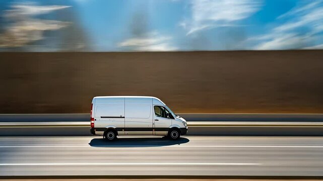 A white delivery van moves swiftly along an open highway surrounded by vast, clear blue skies and a warm sun