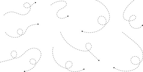 Hand drawn dotted arrows. Hand drawn freehand different curved lines, swirls arrows. Curved arrow line. Doodle, sketch style.