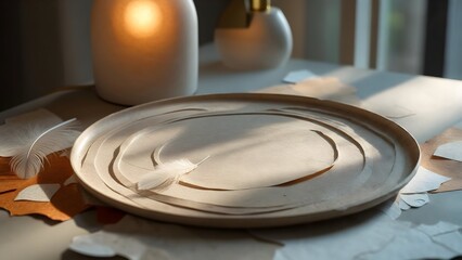 Obraz premium Beige Textured Circular Tray with Feathers Soft Light Minimalist Home Decor Elegant Still Life Featuring Natural Elements