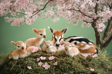 Obraz premium A mother deer and her fawns under a flowering tree