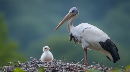 A majestic adult painted stork stands protectively beside its fluffy white chick in a woven . © Anuson