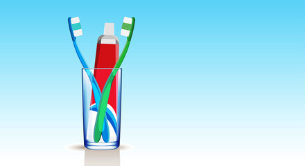 Two toothbrushes with a tube of toothpaste in a glass cup on a blue gradient background. Dental concept. Copy space.