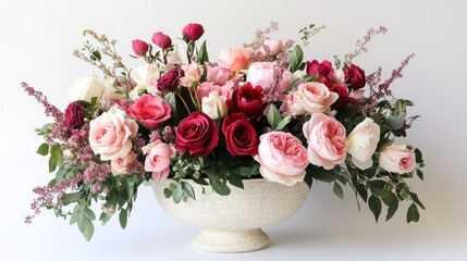 Luxurious pink and red rose centerpiece in elegant bowl.