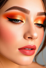 Close-up of a woman's expertly applied orange and gold eyeshadow and bold lipstick, highlighting professional makeup artistry.

