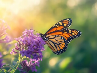 Obraz premium Monarch Butterfly on Purple Flower in Sunlight