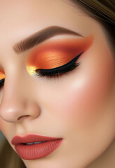 Close-up of a woman's expertly applied orange and gold eyeshadow and bold lipstick, highlighting professional makeup artistry.

