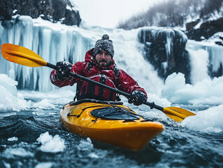 Kayaker battling icy Arctic currents, slicing through slushy water, frost-covered gear, snow cliffs, frozen waterfalls, mist, moody sky, golden sunlight
