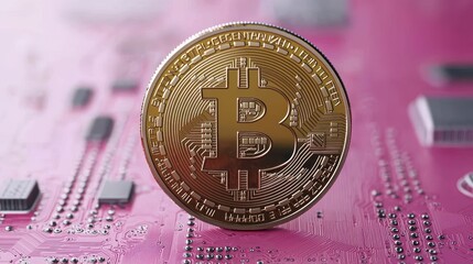 Gold Bitcoin on Pink Circuit Board
