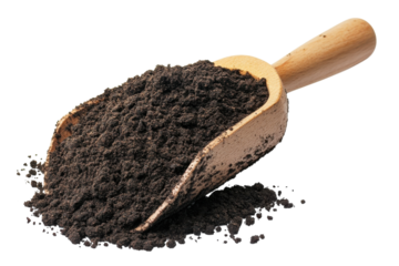 Rich, dark soil in a wooden scoop ready for planting in a spring garden isolated on transparent background