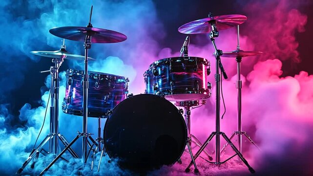 Dramatic drum kit illuminated with vibrant neon lights amidst swirling smoke effect