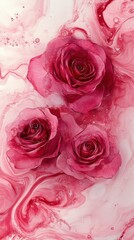 Floral Rhapsody, Crimson Roses Dancing on a Watercolor Dreamscape Canvas