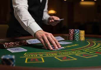 Blackjack dealer handling cards at a casino table  