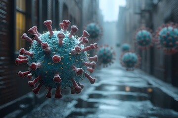 Viruses in microscopic view on city streets. The concept of the spread of disease.