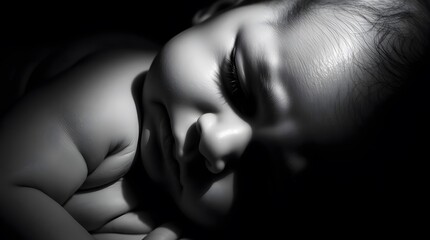 Sleeping cute baby black and white photo