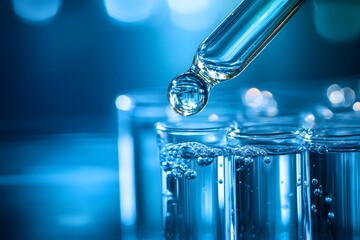 Test tube with blue liquid in laboratory. 