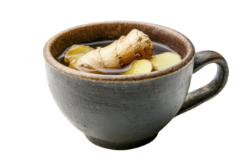 Warm ginger tea in a rustic cup, a comforting drink for chilly evenings and cozy moments isolated on transparent background