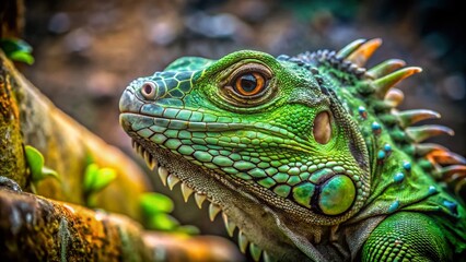Obraz premium Close-Up Green Iguana in Abandoned Urban Setting - Stock Photo